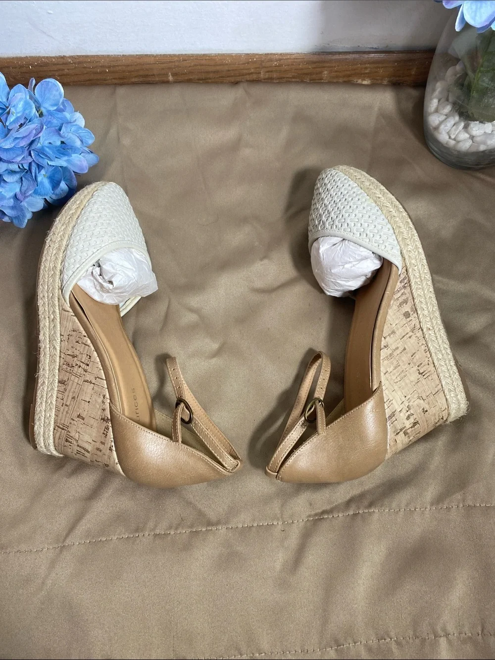Maurices Cream Woven Espadrille Wedge Sandals with Tan Ankle Strap